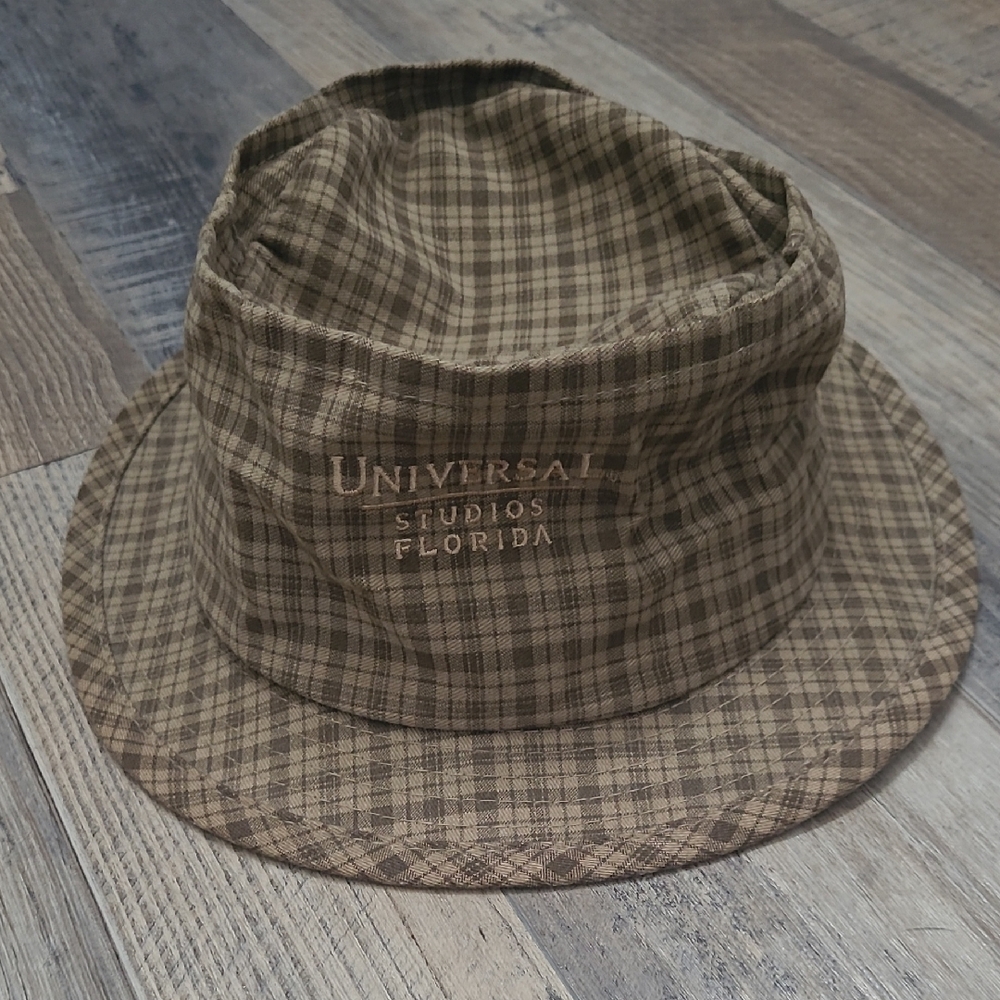 Bucket Hat Brown Tan Plaid Vintage Universal Studios Mens
